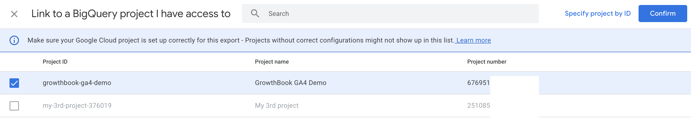 GA4 BigQuery connect to project